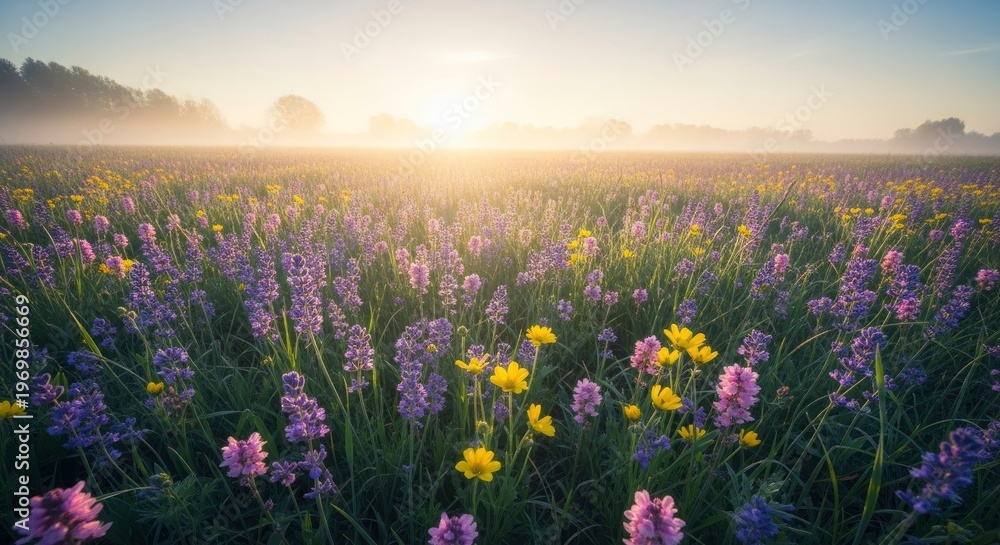 Fototapeta premium Wildflower meadow blooms vibrantly under the soft glow of the rising sun.