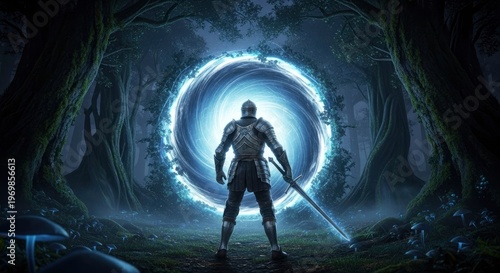 Heavily armored figure stands before a swirling magical gateway in a dark forest environment