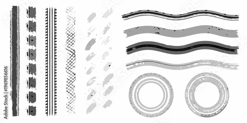 Assorted brushstroke designs and tire track impressions in grayscale tones