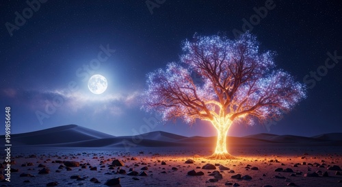 Illuminated mystical tree glows brightly under a large full moon in a dark desert landscape