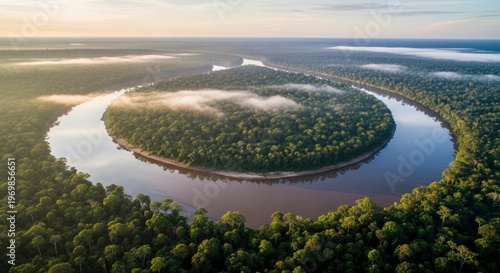 Aerial view captures meandering river curving through vast tropical rainforest canopy at sunrise