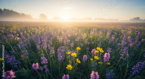 Wildflower meadow blooms vibrantly under the soft glow of the rising sun.