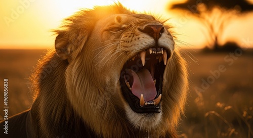 Majestic male lion displays powerful roar against a bright sunset background