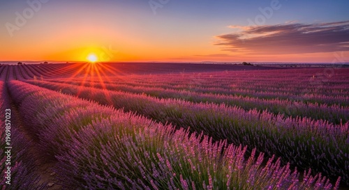 Expansive rows of blooming purple flowers catch the warm glow of a setting sun over the horizon