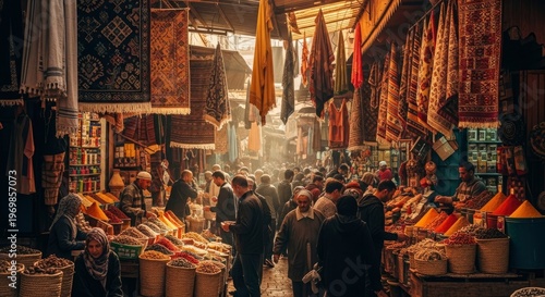 Crowded traditional bazaar features stalls overflowing with colorful spices and hanging textiles