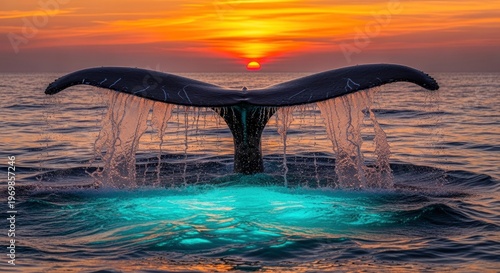 Immense marine mammal tail descends into ocean waves during vibrant sunset