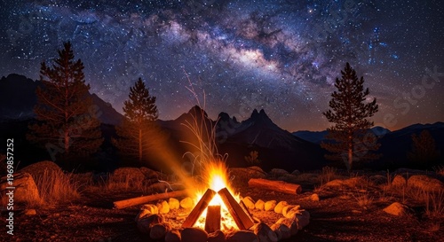 Bright campfire burns beneath a richly starlit night sky over a mountain landscape
