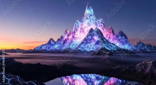 Fantastic glowing crystal mountain range dominates a twilight landscape reflected in water