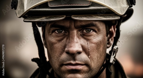 Close up portrait captures the weary and emotional expression of a first responder wearing protective gear