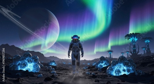 Astronaut explores barren alien world beneath glowing celestial atmospheric lights and colossal ringed planet