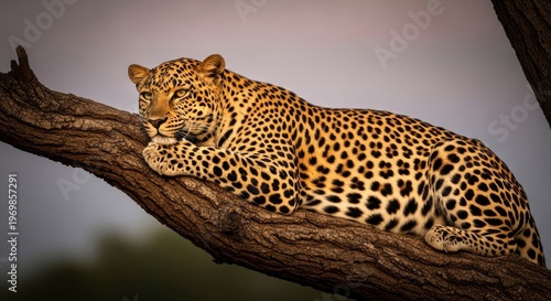 Feline predator rests comfortably upon a thick, weathered tree limb against a muted sky