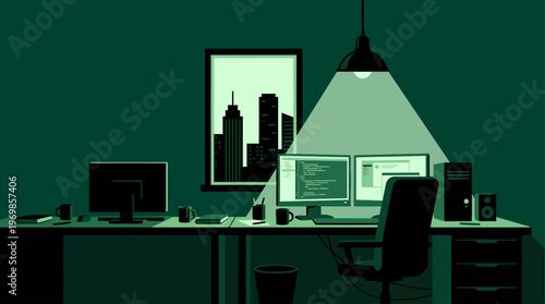 A single overhead lamp casts a bright cone of light over the quiet, emerald-tinted coding workspace, illuminating twin monitors and a dark chair against the backdrop of a silhouetted urban nightscape