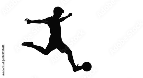 Silhouette of young man playing soccer kicking ball in mid air motion on white background sports action