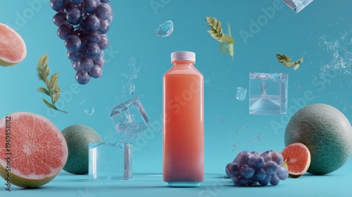 Juice bottle, grapefruit, grapes and blue cubes for summer beverage, healthy drink, wellness product and creative flatlay branding photo