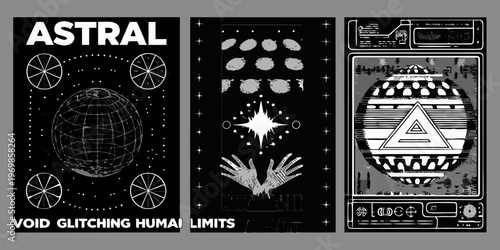 Astral void glitching human limits three abstract black and white panels