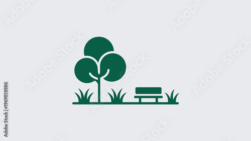 A simple green graphic illustration of a tree and a bench in a park
