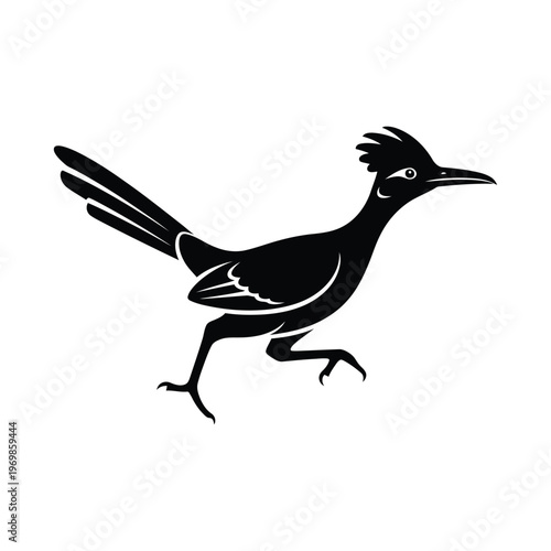 A sleek black silhouette of a greater roadrunner in a dynamic running pose