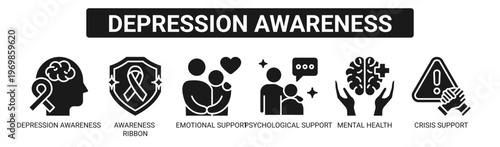 Depression Awareness web banner icon vector illustration concept with icons of depression awareness, awareness ribbon, emotional support, psychological support, mental health, and crisis support.