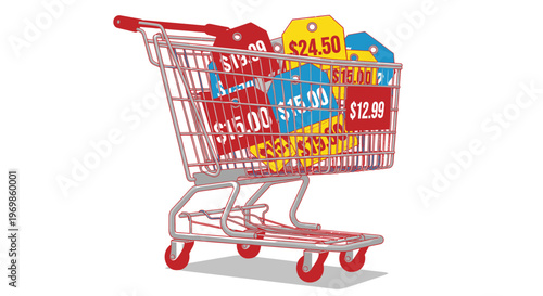 Full Shopping Cart with Various Items and Price Tags