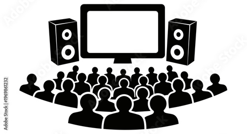 Audience people watching a presentation on a large screen with speakers, isolated white background.