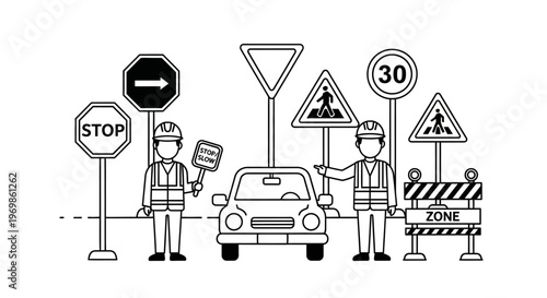 Two construction workers directing traffic around a car and road signs, isolated white background.