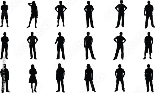 Collection of diverse human silhouettes in various standing poses isolated on white background, black shadow figures representing people, teamwork, lifestyle, body language concepts