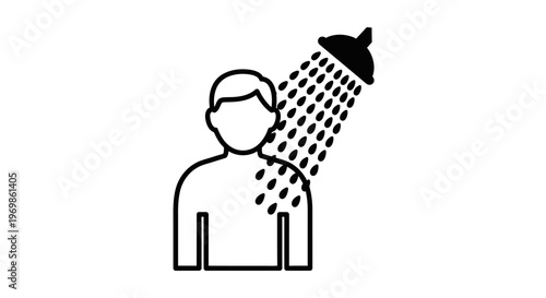 Outline icon of a person showering under a shower head, isolated white background.