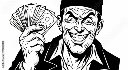 Cunning Man with Evil Grin Holding Fan of Cash, isolated white background.