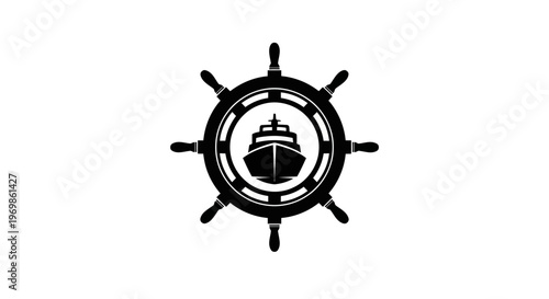 Ship's steering wheel with a boat icon in the center, isolated white background.