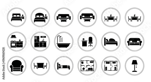 Collection of furniture and room layout icons on an isolated white background.