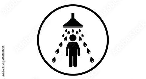 Person showering under falling water droplets in a circular frame, isolated white background.