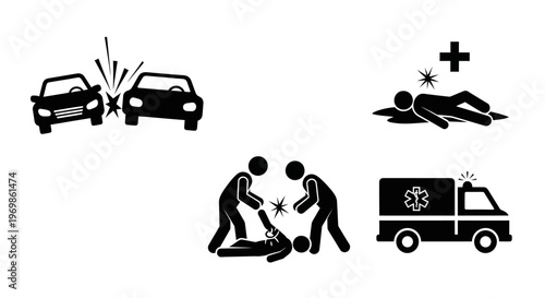 Set of Accident and Emergency Icons with Car Crash, First Aid, and Ambulance, isolated white background.