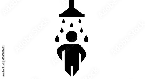 Person showering under falling water droplets, black and white pictogram on isolated white background.
