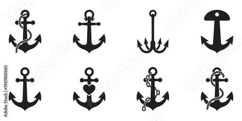 Nautical marine anchor silhouette collection for maritime design. Vector Illustration.	
