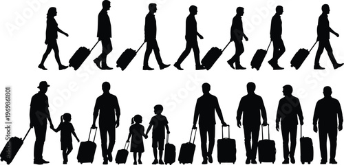 Collection of traveler silhouettes walking with luggage, including individuals and families, representing travel, tourism, journey, airport movement, vacation lifestyle, and transportation concepts