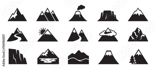 Mountain Peaks and Nature Landscapes Silhouette Icon Set. Vector Illustration.	
