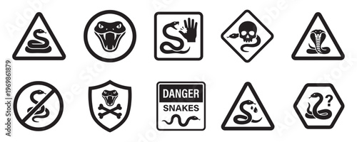Foto Snake Danger and Warning Signs Icon Set, Venomous Cobra Silhouettes