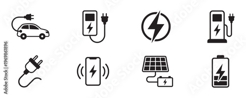 Electric Vehicle EV Charging Station and Green Energy Icon Set. Vector Illustration.	
