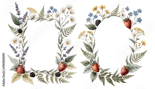 Botanical Watercolor Frames with Berries – Rectangular & Oval Floral Wreaths with Strawberries, Blackberries & Wildflowers | Cottagecore Art