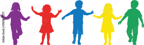 Colorful silhouettes of children in playful poses representing diversity, childhood joy, education, creativity, inclusion, and happy active lifestyle in a vibrant group composition