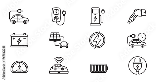 Electric Vehicle EV Charging and Green Energy Line Icons. Vector Illustration.	
