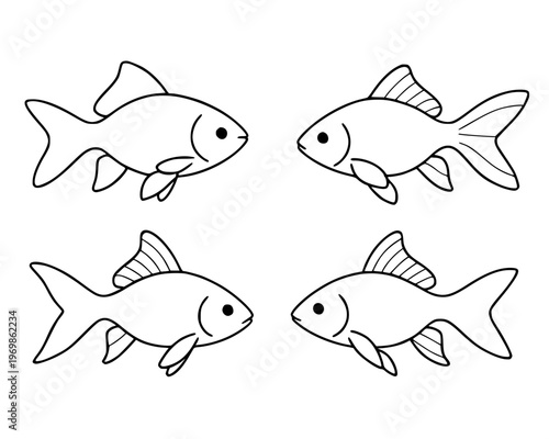 Goldfish set vector illustration, in outline, for animal coloring design, isolated on transparent background PNG