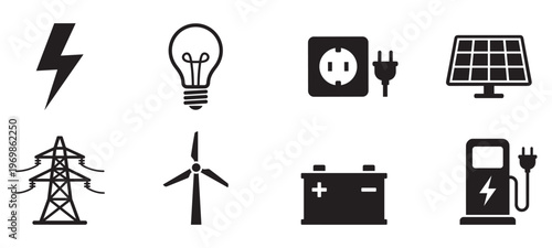 Renewable Energy and Electricity Power Supply Icon Set. Vector Illustration.	
