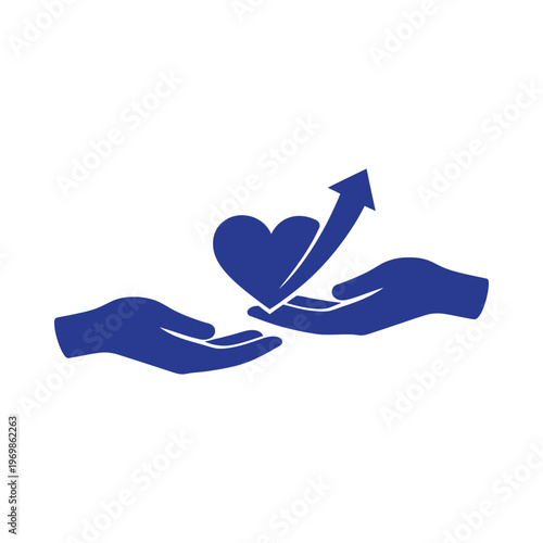 Giver hands passing heart with rising arrow symbol for expressing kindness and positive impact of selfless acts in society today.