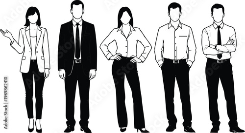 Business professionals team silhouettes, corporate office workers, diverse workplace attire, teamwork concept, leadership group, professional staff illustration, business collaboration, career success