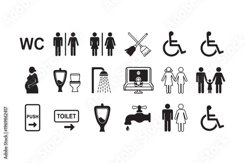 Vector set of black stick figure pictograms featuring a businessman, woman, and person silhouettes for a professional toilet sign icon and work fitness symbol design