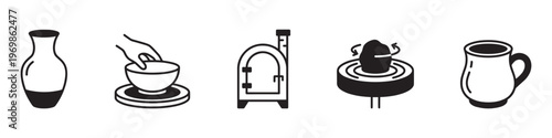 Pottery Craft and Ceramic Workshop Icons Set with Tools and Handmade Products. Vector Illustration.	
