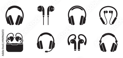 Audio Equipment and Headphones Icons Set for Music and Communication. Vector Illustration.	
