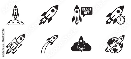 Rocket Launch and Business Startup Success Icons Set for Growth. Vector Illustration.	

