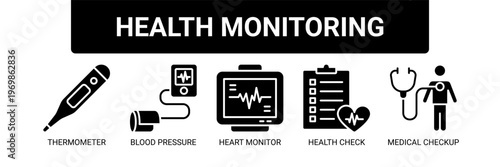 Foto Health Monitoring web banner icon vector illustration concept with icons of thermometer, blood pressure monitor, heart monitor, health check, and medical checkup